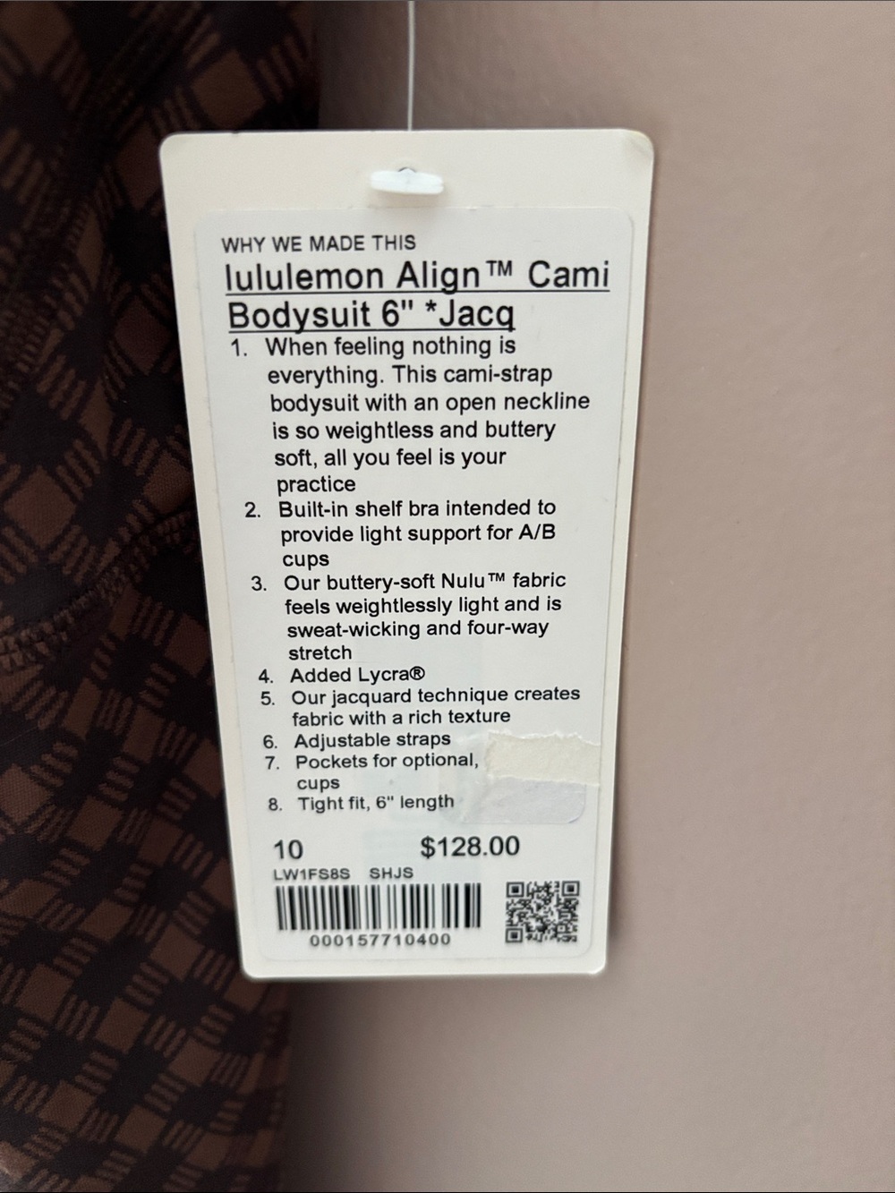 LULULEMON ALIGN CAMI BODYSUIT 6” *Jacq in SQUARE HEART JAVA/SEQUOIA SZ 10 NWT - Picture 7 of 8